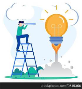 Vector illustration of creative idea, innovation, start up concept. Person character thinking bright idea with light bulb symbol.