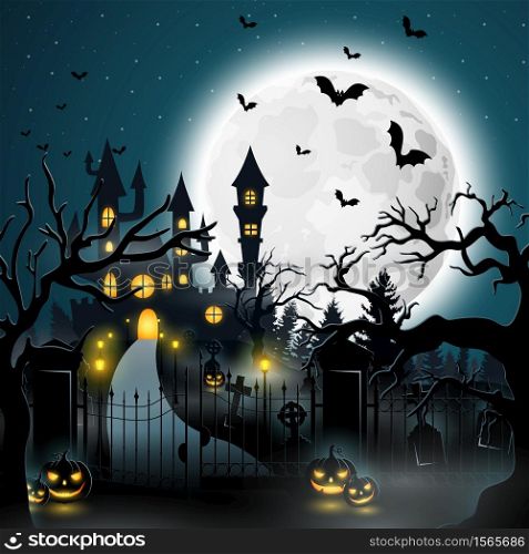 Vector illustration of Creepy graveyard with castle and pumpkins