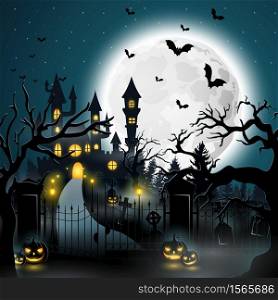 Vector illustration of Creepy graveyard with castle and pumpkins
