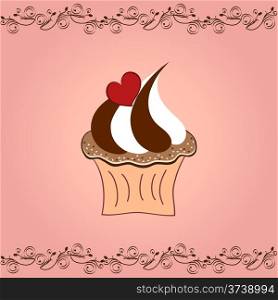 Vector illustration of cupcake with heart on pink background