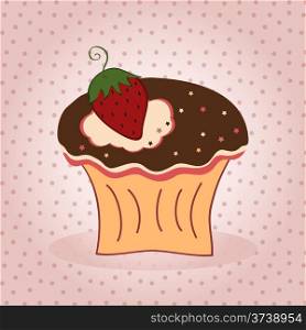 Vector illustration of cupcake with strawberry on pink background