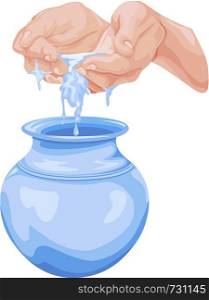 Vector illustration of cupped hands pouring water into pot.