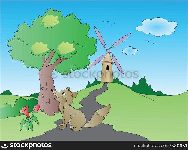 Vector illustration of curious fox on path leading towards windmill, nature background.