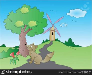 Vector illustration of curious fox on path leading towards windmill, nature background.