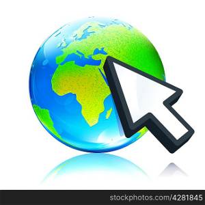 Vector illustration of cursor mouse hand pointing to glossy earth map globe