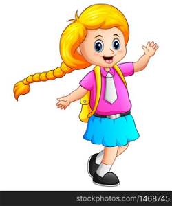 Vector illustration of Cute blonde hair girl go to school