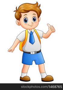 Vector illustration of Cute boy in a school uniform giving thumbs up