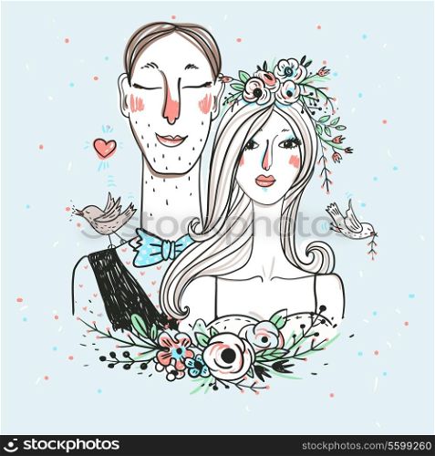 vector illustration of cute bride and groom