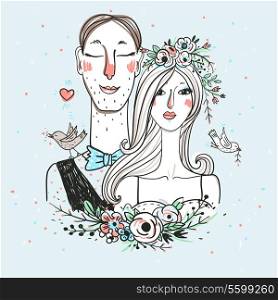 vector illustration of cute bride and groom