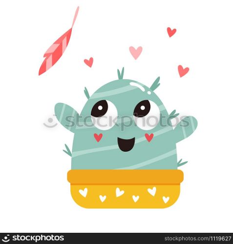 Vector illustration of cute cactus in a pot and feather. Vector illustration of cute cactus and feather