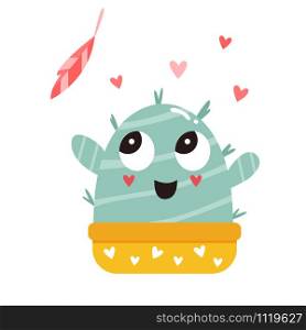 Vector illustration of cute cactus in a pot and feather. Vector illustration of cute cactus and feather