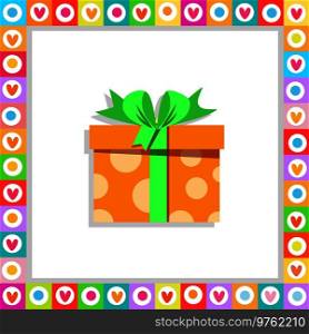 Vector illustration of cute cartoon orange gift box wrapped with festive bow framed with heart frame isolated. Present icon, anniversary logo, wedding, birthday greeting card sticker, clip art.. orange gift box wrapped with festive bow framed with heart frame isolated.