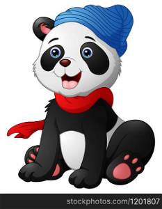 Vector illustration of Cute cartoon panda sitting wearing a red scarf and a blue hat