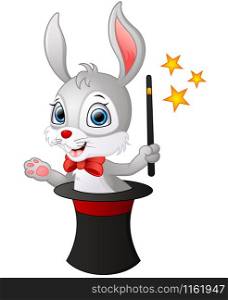 Vector illustration of Cute cartoon Rabbit in a magic hat with a magic wand