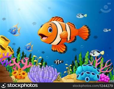 Vector illustration of Cute clown fish cartoon in the sea