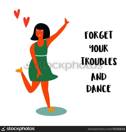 Vector illustration of cute dancing girl in dress and text.. Vector illustration of cute dancing girl in dress