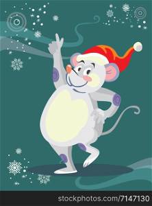 Vector illustration of cute dancing mouse character on turquoise background. Vector cartoon stock illustration.Winter holiday, Christmas eve concept. For prints, banners, stickers, cards