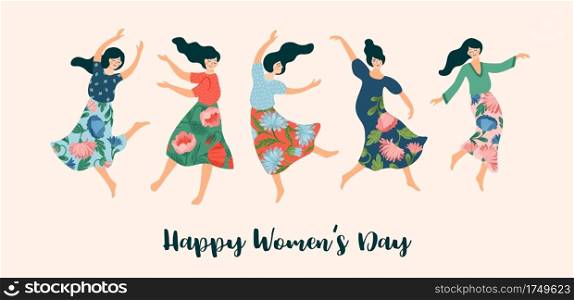 Vector illustration of cute dancing women. International Women s Day concept for card, poster, banner and other users. Vector illustration of cute dancing women. International Women s Day concept for card, poster, banner and other