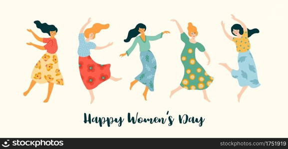 Vector illustration of cute dancing women. International Women s Day concept for card, poster, banner and other users. Vector illustration of cute dancing women. International Women s Day concept for card, poster, banner and other