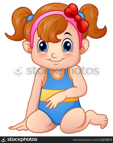 Vector illustration of Cute girl cartoon sitting wearing swimsuit and red bow