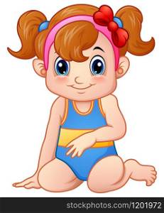 Vector illustration of Cute girl cartoon sitting wearing swimsuit and red bow