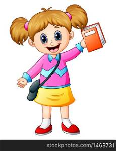 Vector illustration of Cute girl go to school holding a book