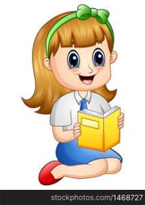 Vector illustration of Cute girl in a school uniform reading a book