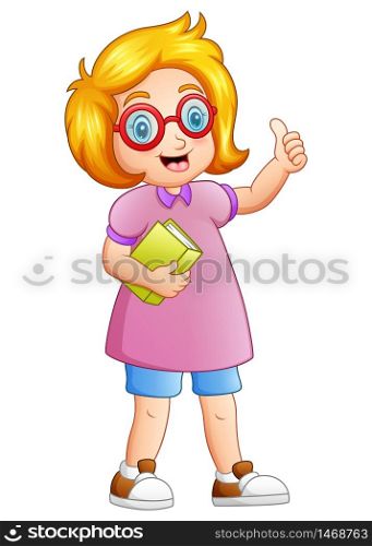 Vector illustration of Cute girl in glasses with holding a book giving thumbs up