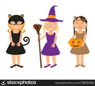 Vector Illustration of cute little girls portraits in halloween costume. Black Cat, Whitch and Pocahontas holding halloween pumpkin in theire hands. Halloween trick or treat illustration.