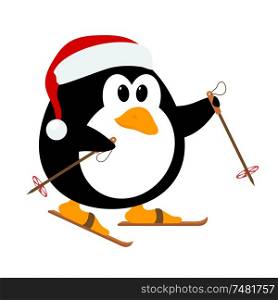 Vector illustration of cute little penguin wearing a hat of Santa Claus on skis. Winter sport. Baby penguin on skis.