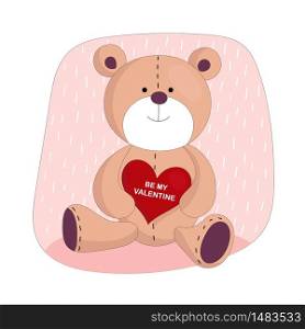 Vector illustration of cute little Teddy bear holding red heart.