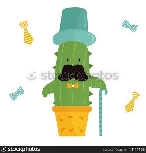 Vector illustration of cute mister cactus in top hat and cane. Vector illustration of cute mister cactus