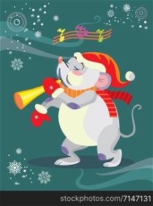 Vector illustration of cute mouse character playing the horn on turquoise background. Vector cartoon stock illustration.Winter holiday, Christmas eve concept. For prints, banners, stickers, cards