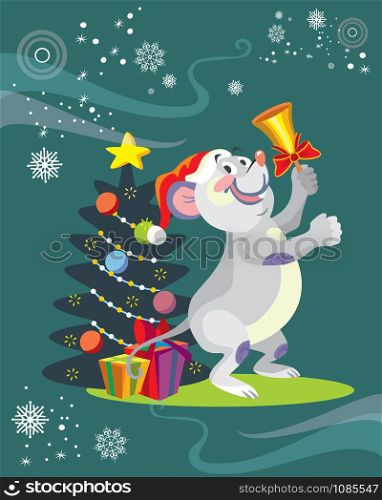 Vector illustration of cute mouse character ringing the bell on turquoise background. Vector cartoon stock illustration.Winter holiday, Christmas eve concept. For prints, banners, stickers, cards