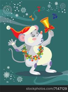 Vector illustration of cute mouse character ringing the bell on turquoise background. Vector cartoon stock illustration.Winter holiday, Christmas eve concept. For prints, banners, stickers, cards