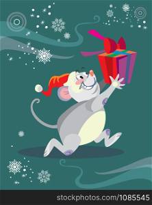 Vector illustration of cute mouse character running with gift on turquoise background. Vector cartoon stock illustration.Winter holiday, Christmas eve concept. For prints, banners, stickers, cards