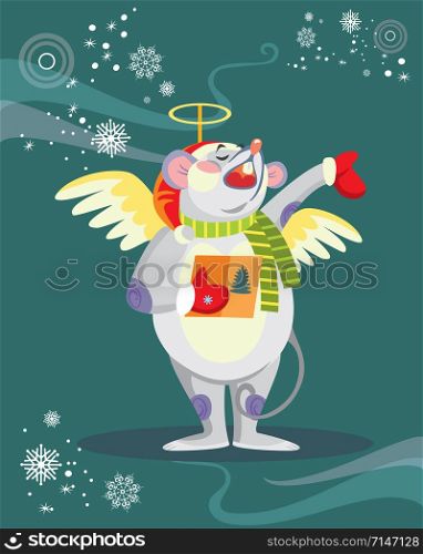 Vector illustration of cute mouse character singing a Christmas song on turquoise background. Vector cartoon stock illustration.Winter holiday, Christmas eve concept. For prints, banners, stickers, cards