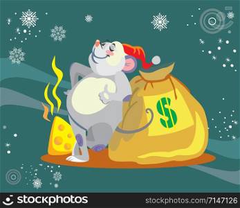 Vector illustration of cute mouse character with bag of money on turquoise background. Vector cartoon stock illustration.Winter holiday, Christmas eve concept. For prints, banners, stickers, cards