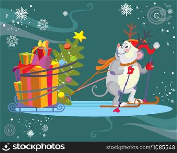 Vector illustration of cute mouse character with sledge, gifts and Christmas tree on turquoise background. Vector cartoon stock illustration.Winter holiday, Christmas eve concept. For prints, banners, stickers, cards