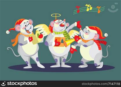 Vector illustration of cute mouse characters singing Christmas song. Vector cartoon stock illustration.Winter holiday, Christmas eve concept. For prints, banners, stickers, cards