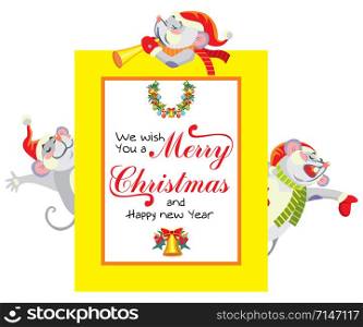 Vector illustration of cute mouse charactes congratulate with Merry Christmas. Christmas greeting card. Cartoon stock illustration.Christmas eve concept. For prints, banners, stickers, cards