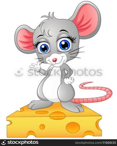 Vector illustration of Cute mouse standing above a cheese