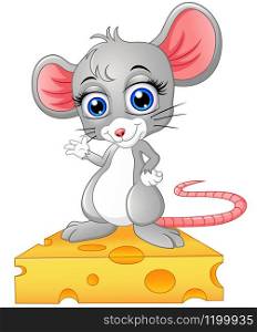 Vector illustration of Cute mouse standing above a cheese