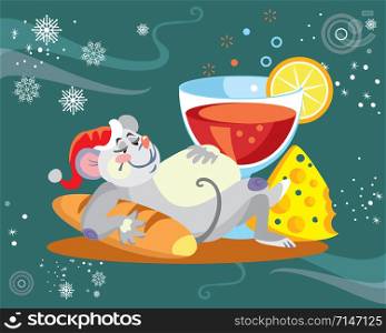 Vector illustration of cute overeat mouse character with glass of wine on turquoise background. Vector cartoon stock illustration.Winter holiday, Christmas eve concept. For prints, banners, stickers, cards