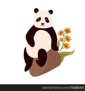 Vector illustration of cute panda sitting on a stone. Animal character design isolated on a white background. Vector illustration of cute panda sitting on a stone. Animal character design