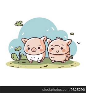Vector illustration of cute pig and piggy on the grass. Cute cartoon animal.