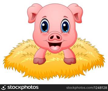 Vector illustration of Cute pig cartoon in the nest