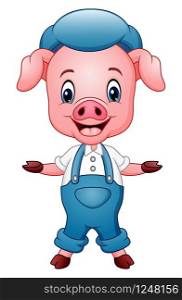 Vector illustration of Cute pig cartoon waving