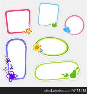 Vector illustration of cute retro frames on stickers style with funny floral elements
