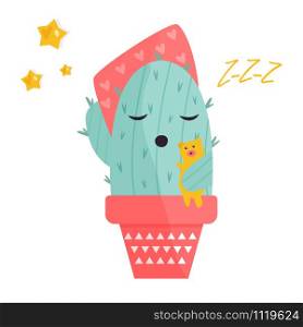 Vector illustration of cute sleeping cactus with teddy bear. Vector illustration of cute sleeping cactus
